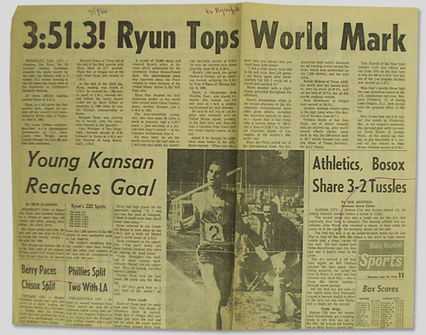 Newspaper clipping on Jim Ryun's world record on July 17, 1966.