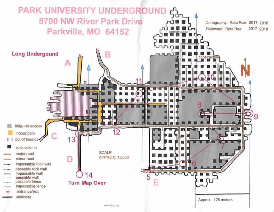Map of the underground course at the Pre-Possum Orienteering at Park University, November 17, 2018.