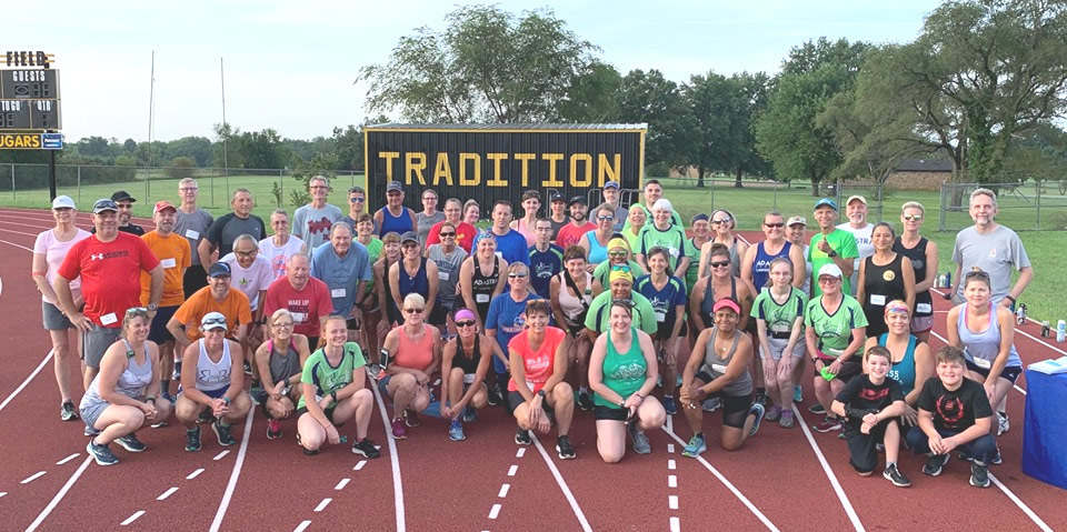 Photo of the Galloway workout at the Billy Mills Middle School track, August 10, 2019.
