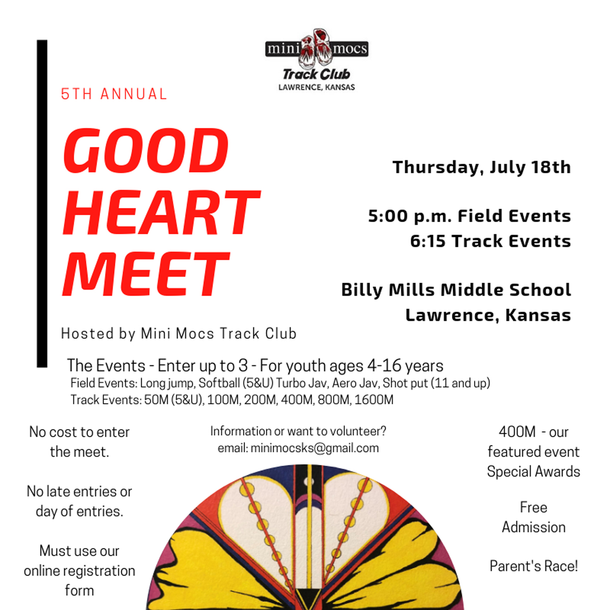 Info flyer for the MiniMoc Good Heart Track and Field Meet.
