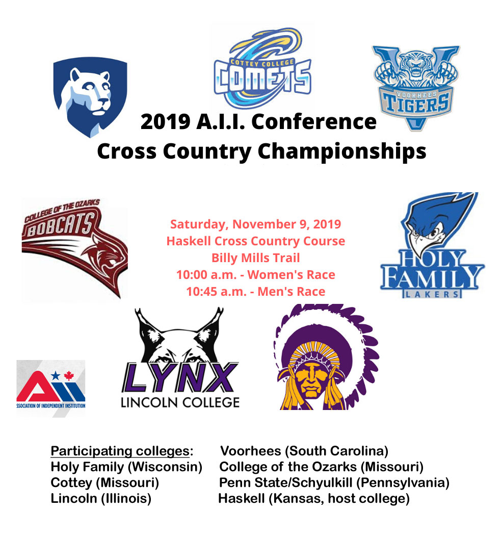 Announcement for the A I I Conference Cross COuntry Championships at Haskell, November 9, 2019.