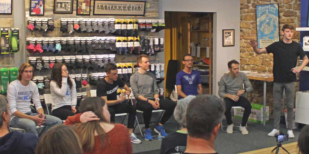 Photo of the six panelists at the Ad Astra Running Store on February 23, 2010.