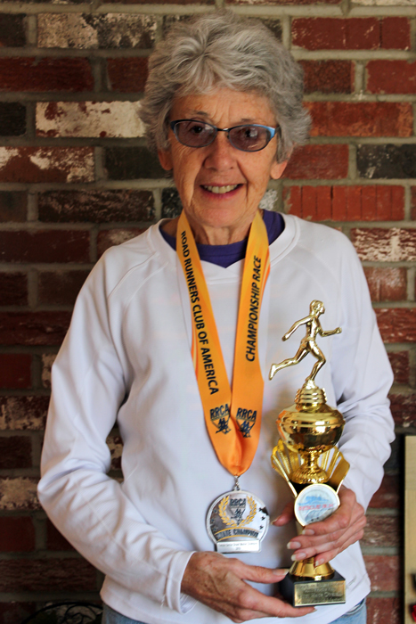 Dee Boeck, LAwrence KS, RRCA Senior Masters 5K Champ at the MKA Rescue Run.